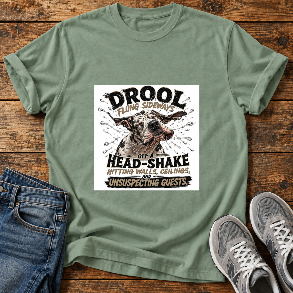Drool Head-Shake Great Dane graphic T-shirt in Sage, shown on a flat-lay shirt mockup