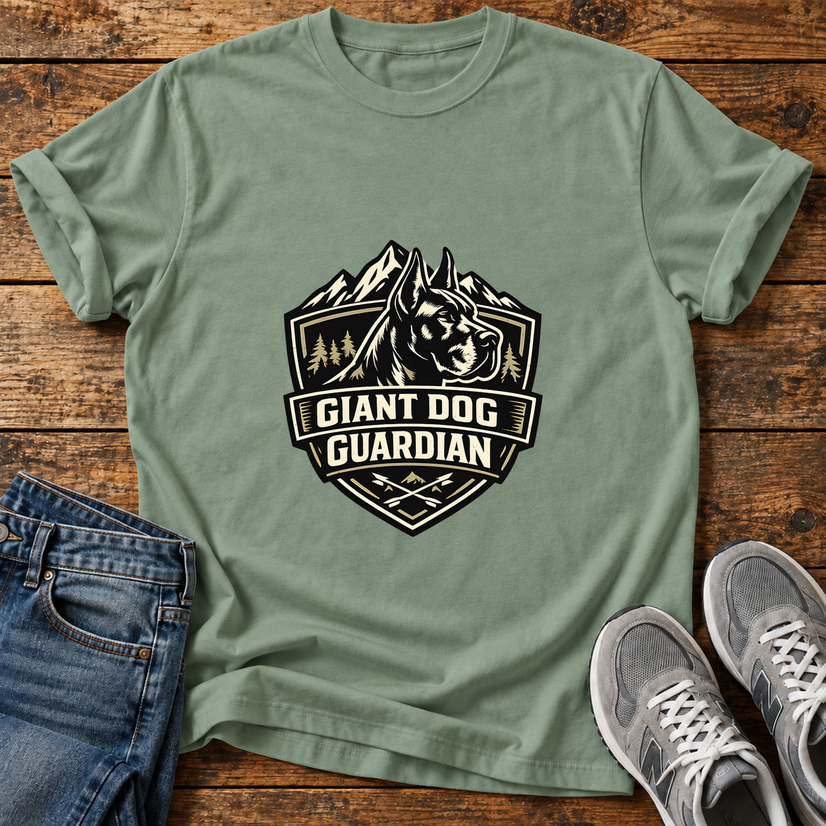 Giant Dog Guardian Great Dane graphic T-shirt in Sage, shown on a flat-lay shirt mockup
