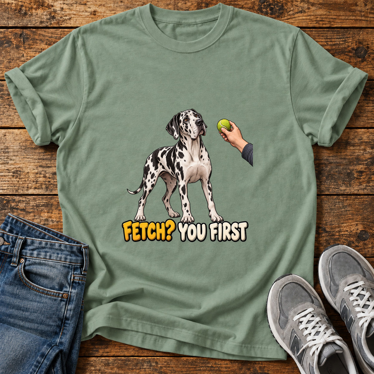 Fetch You First Great Dane graphic T-shirt in Sage, shown on a flat-lay shirt mockup