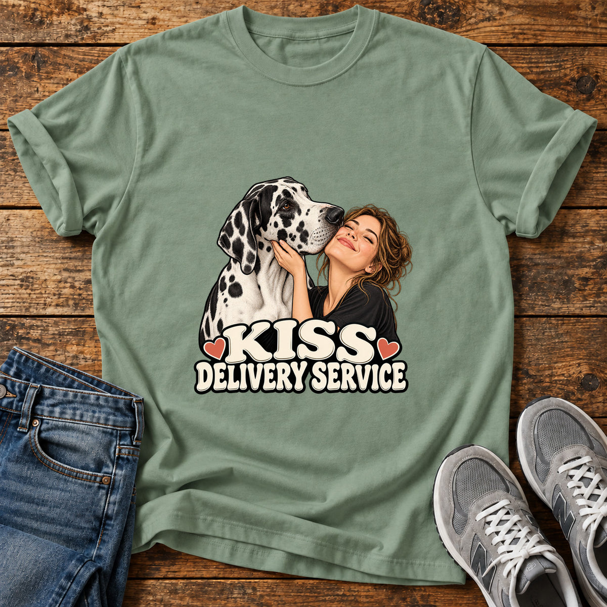 Kiss Delivery Great Dane graphic T-shirt in Sage, shown on a flat-lay shirt mockup