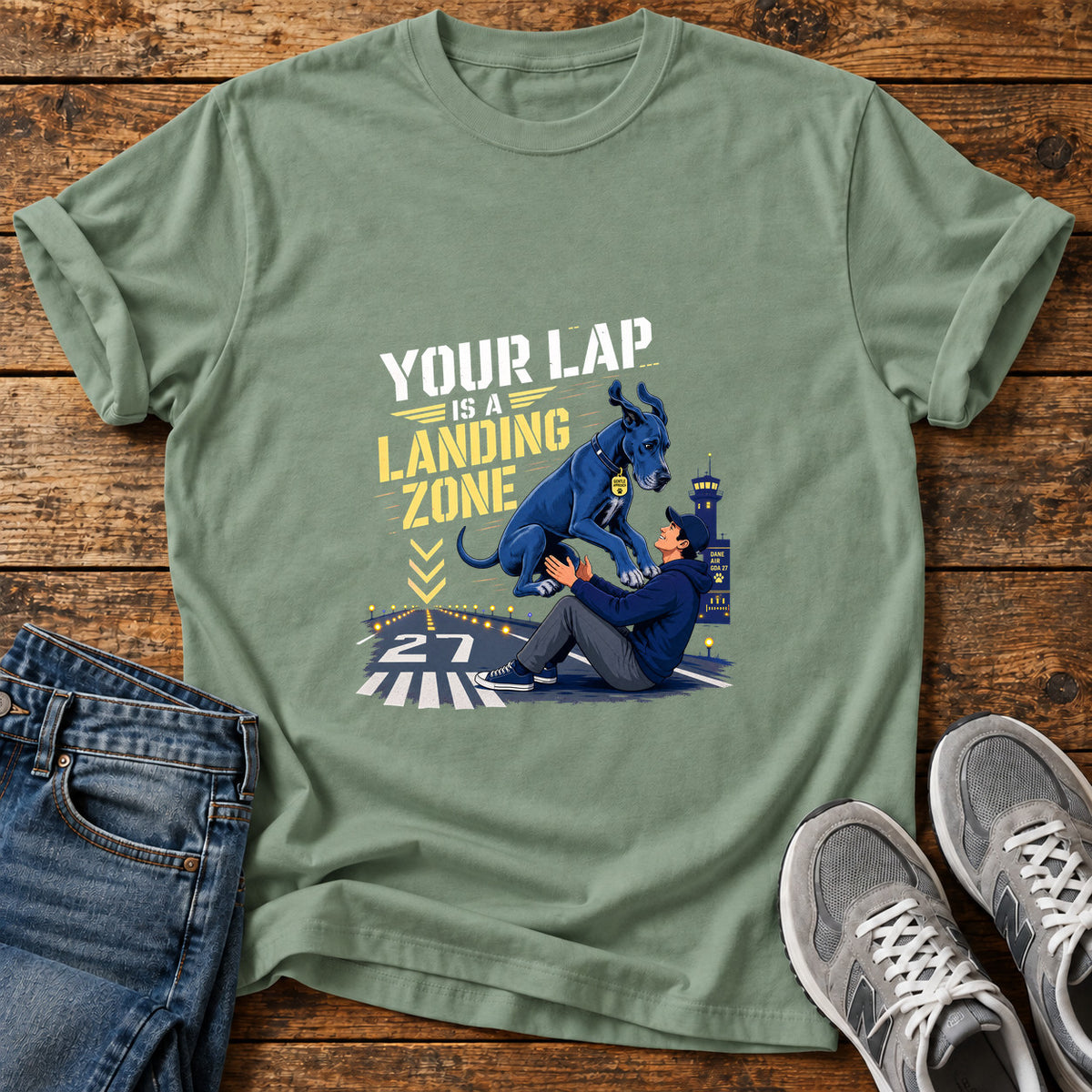 Landing Zone Great Dane graphic T-shirt in Sage, shown on a flat-lay shirt mockup