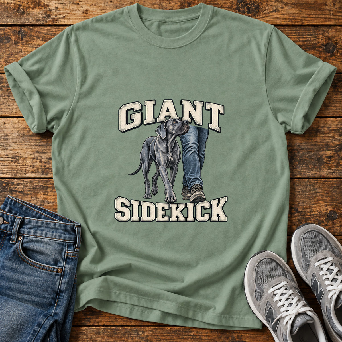 Giant Sidekick Great Dane graphic T-shirt in Sage, shown on a flat-lay shirt mockup