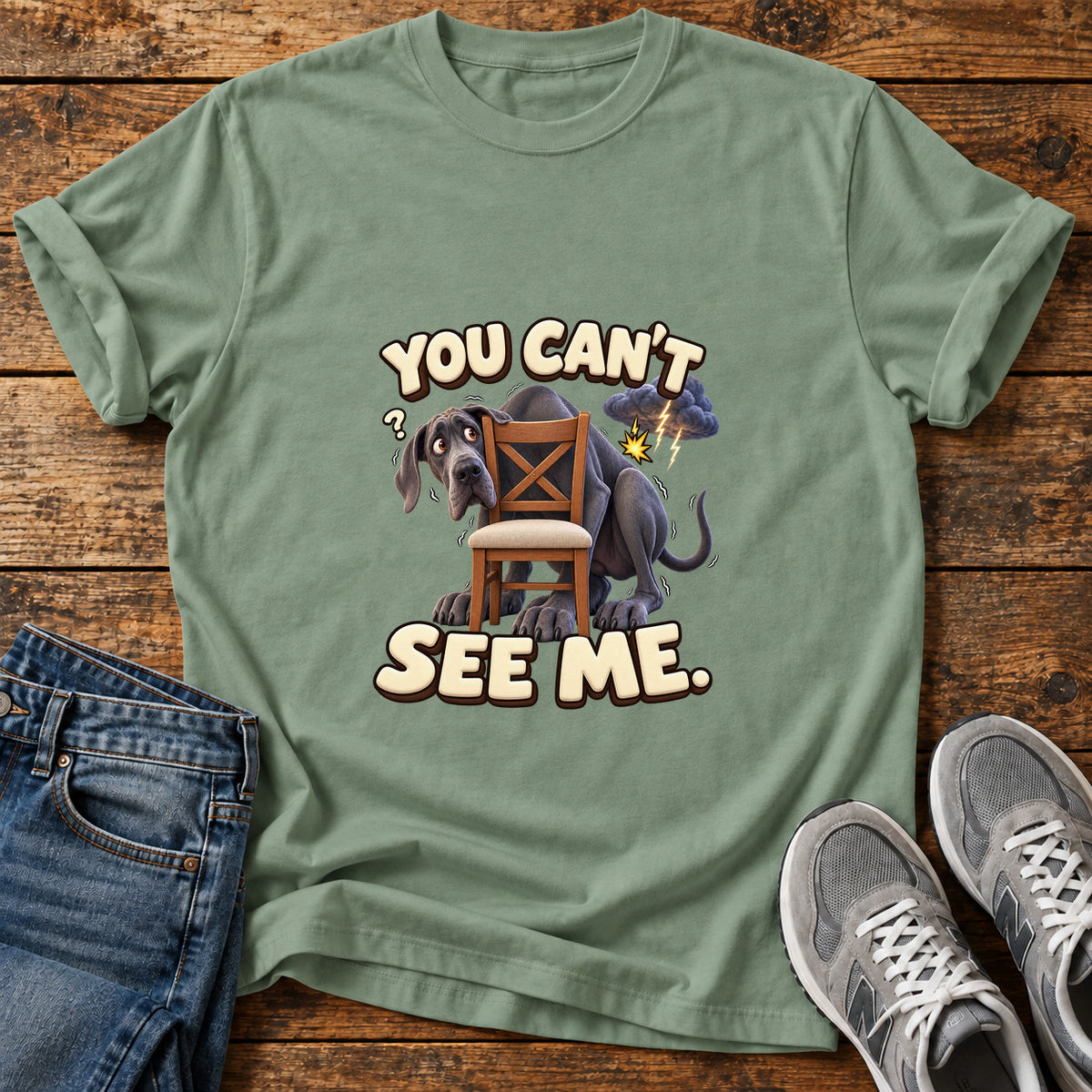You Can't See Great Dane graphic T-shirt in Sage, shown on a flat-lay shirt mockup