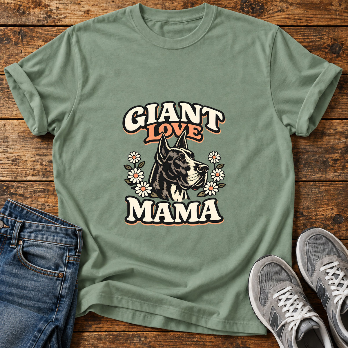 Giant Love Mama Great Dane graphic T-shirt in Sage, shown on a flat-lay shirt mockup