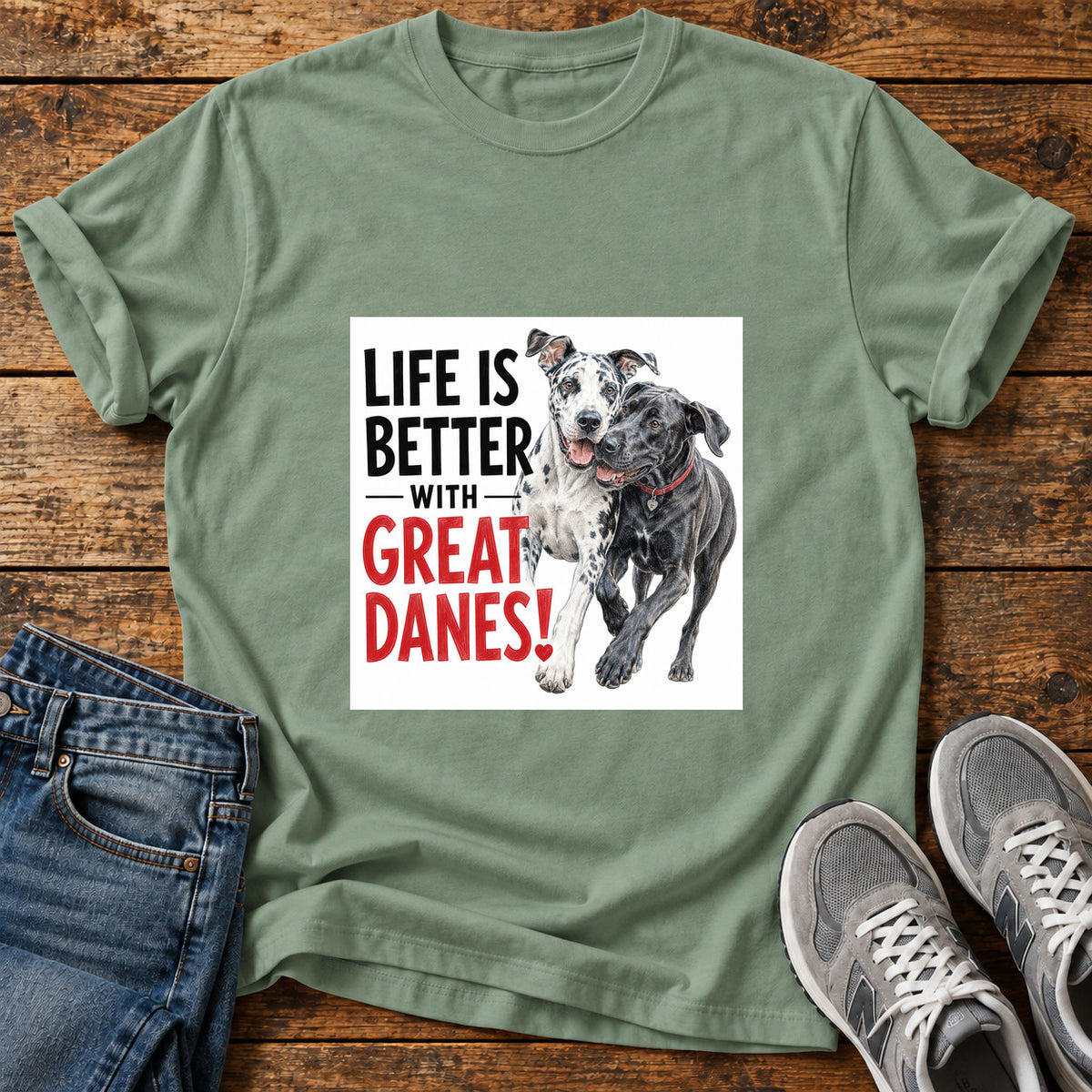 Great Danes Life graphic T-shirt in Sage, shown on a flat-lay shirt mockup