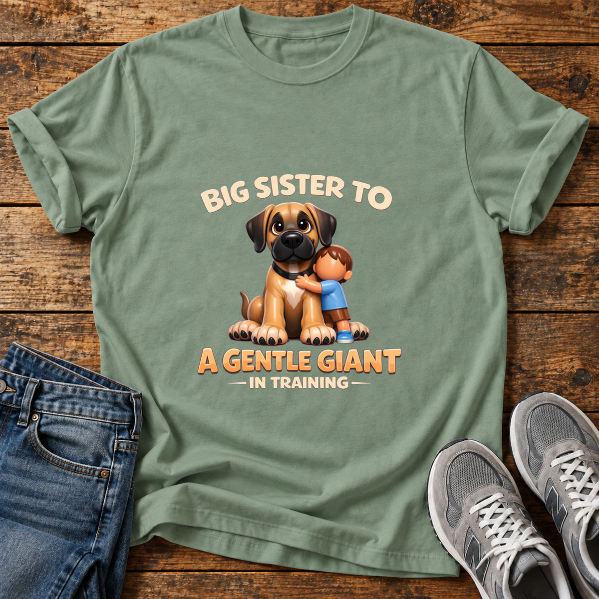 Gentle Giant Sister Great Dane graphic T-shirt in Sage, shown on a flat-lay shirt mockup