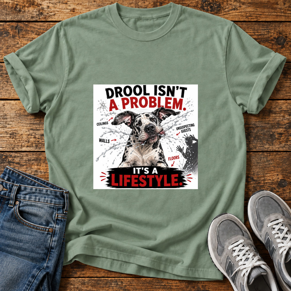 Drool Lifestyle Great Dane graphic T-shirt in Sage, shown on a flat-lay shirt mockup