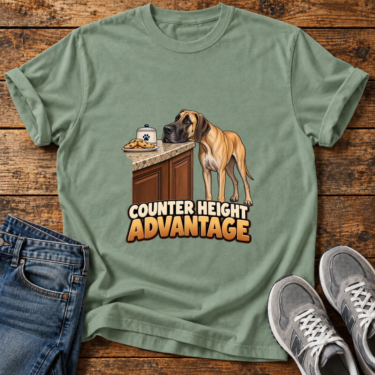 Counter Height Advantage Great Dane graphic T-shirt in Sage, shown on a flat-lay shirt mockup