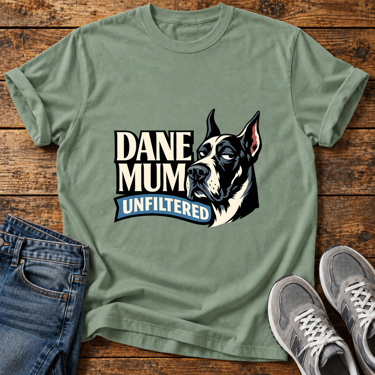 Dane Mum Unfiltered Great Dane graphic T-shirt in Sage, shown on a flat-lay shirt mockup