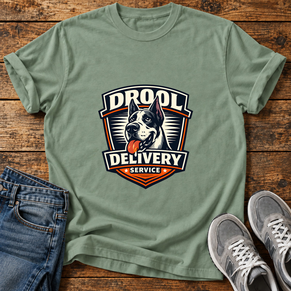 Drool Delivery Service Great Dane graphic T-shirt in Sage, shown on a flat-lay shirt mockup