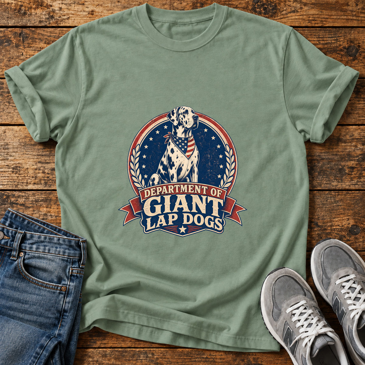 Giant Lap Dogs Great Dane graphic T-shirt in Sage, shown on a flat-lay shirt mockup