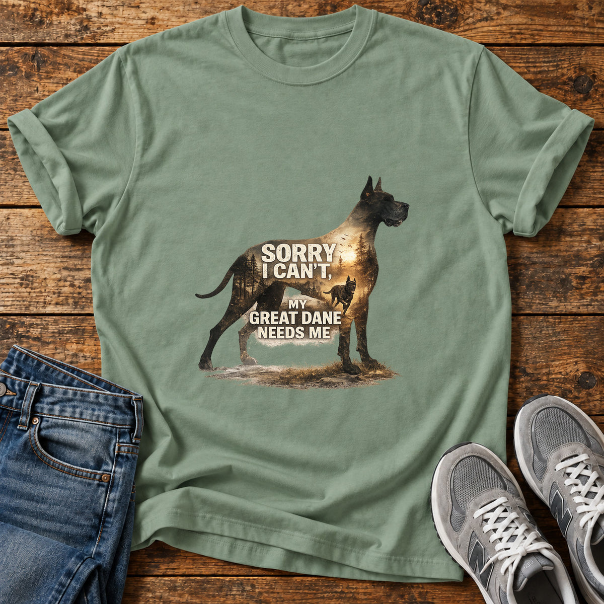 Great Dane Love graphic T-shirt in Sage, shown on a flat-lay shirt mockup