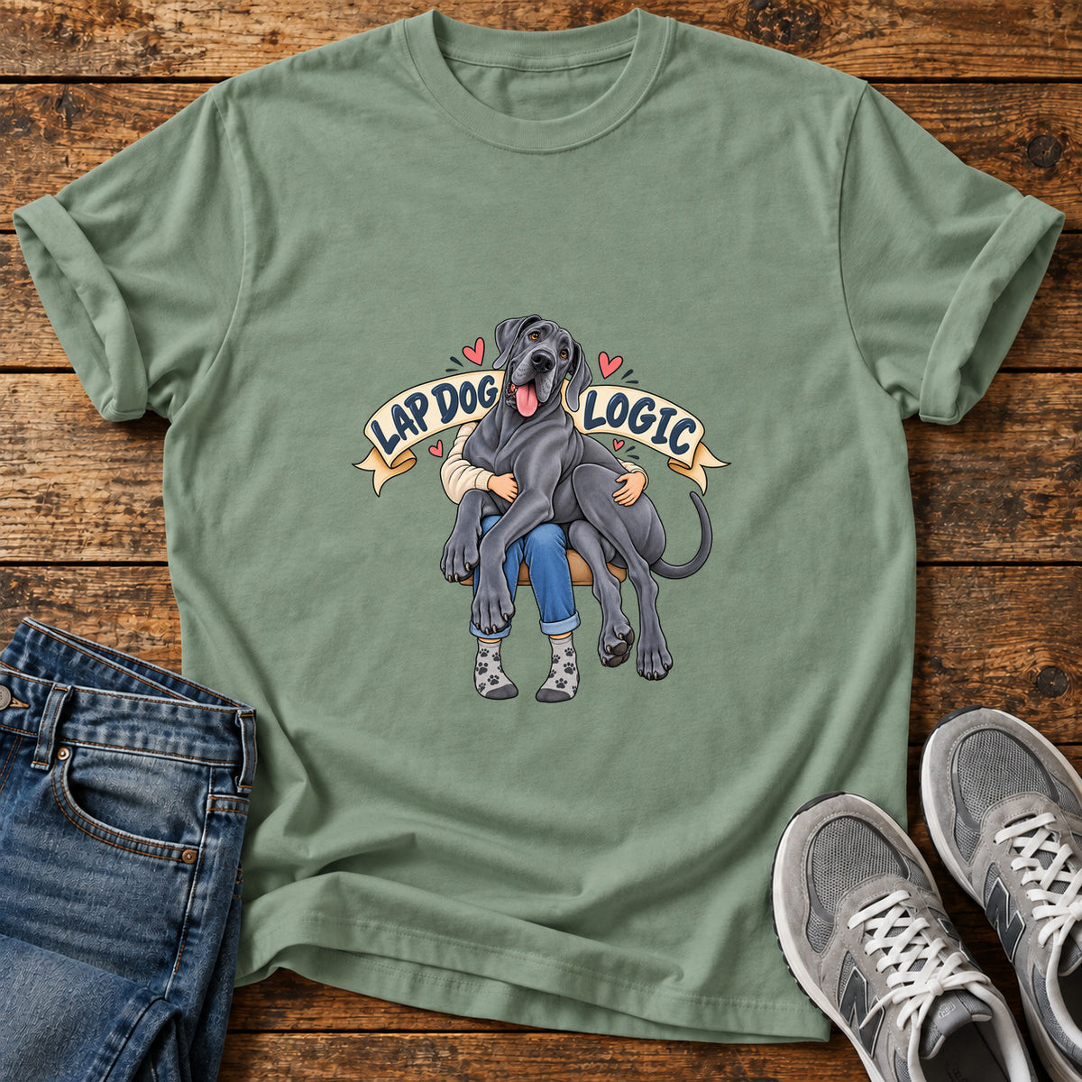 Lap Dog Logic Great Dane graphic T-shirt in Sage, shown on a flat-lay shirt mockup
