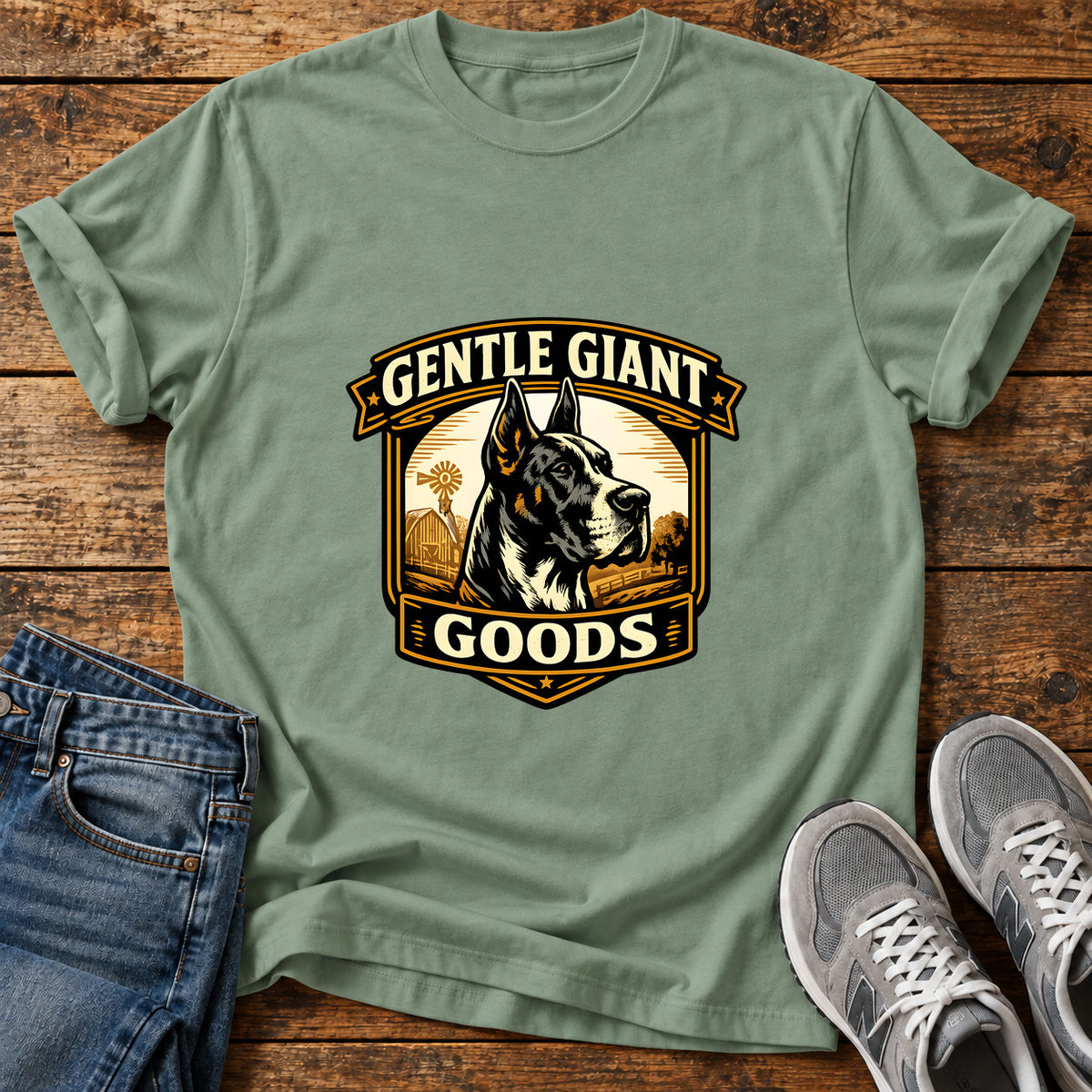 Gentle Giant Goods Great Dane graphic T-shirt in Sage, shown on a flat-lay shirt mockup