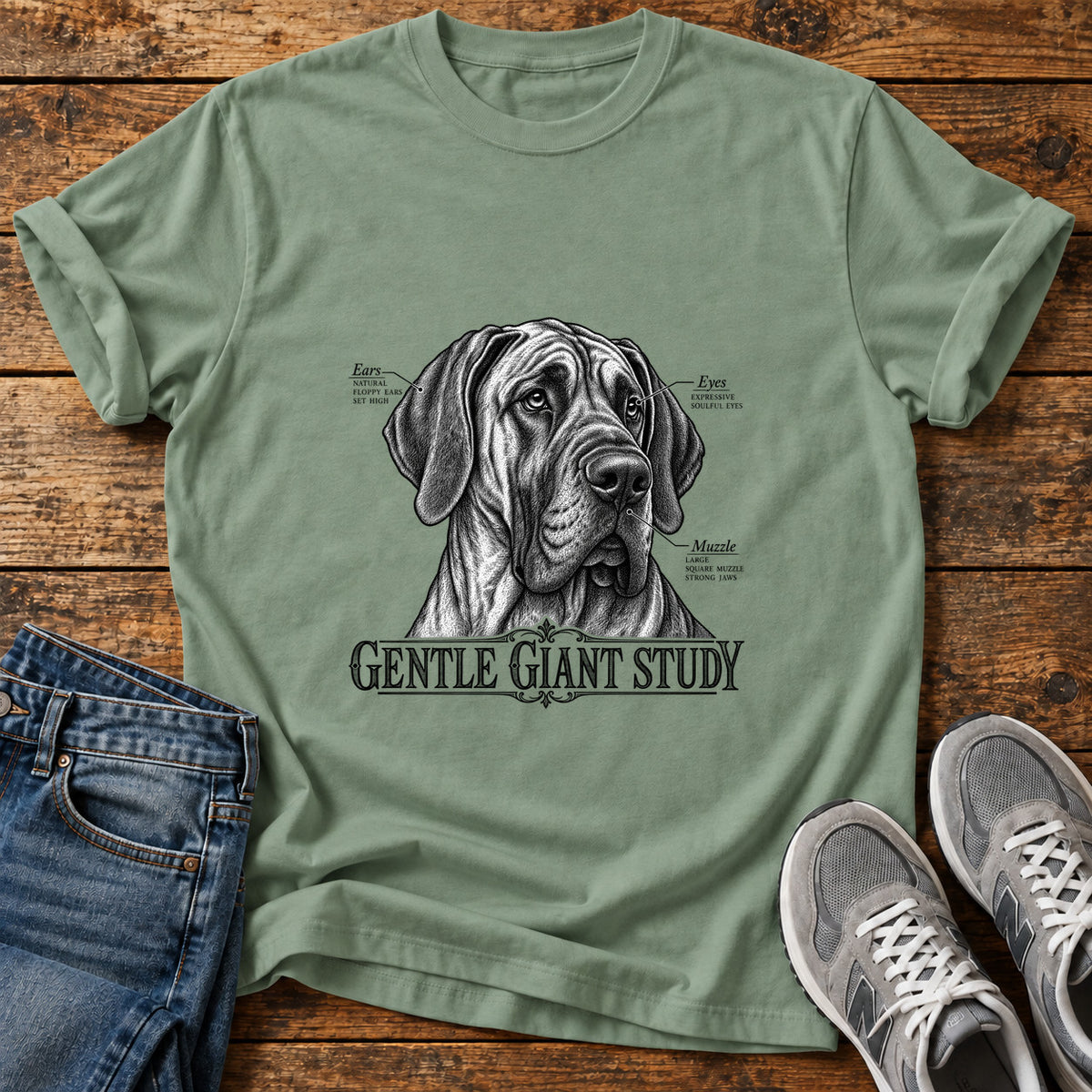 Gentle Giant Study Great Dane graphic T-shirt in Sage, shown on a flat-lay shirt mockup