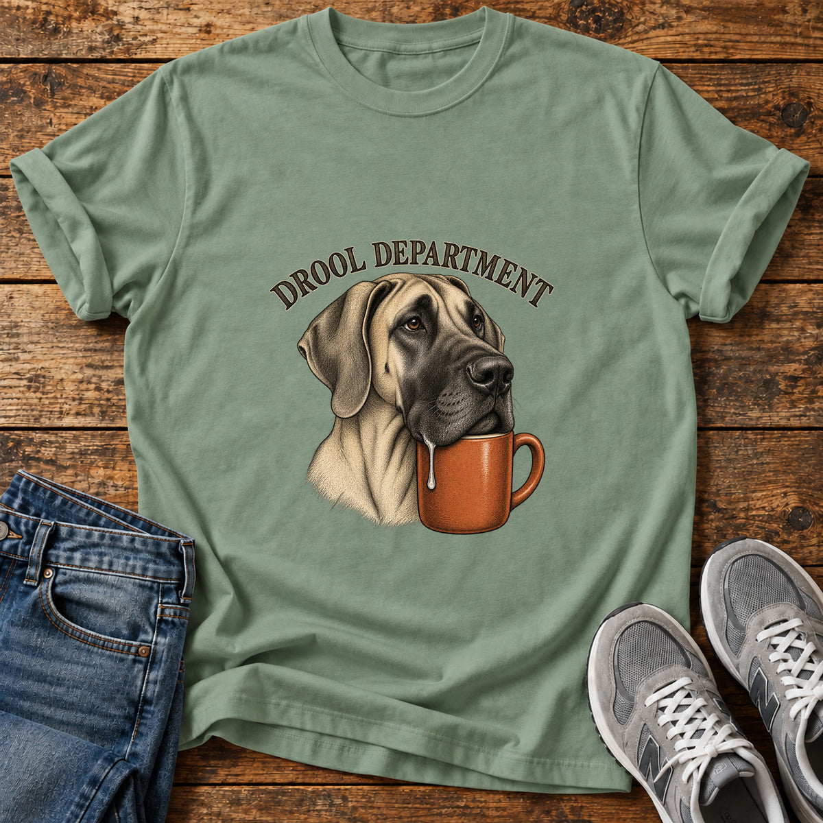 Drool Department Great Dane graphic T-shirt in Sage, shown on a flat-lay shirt mockup