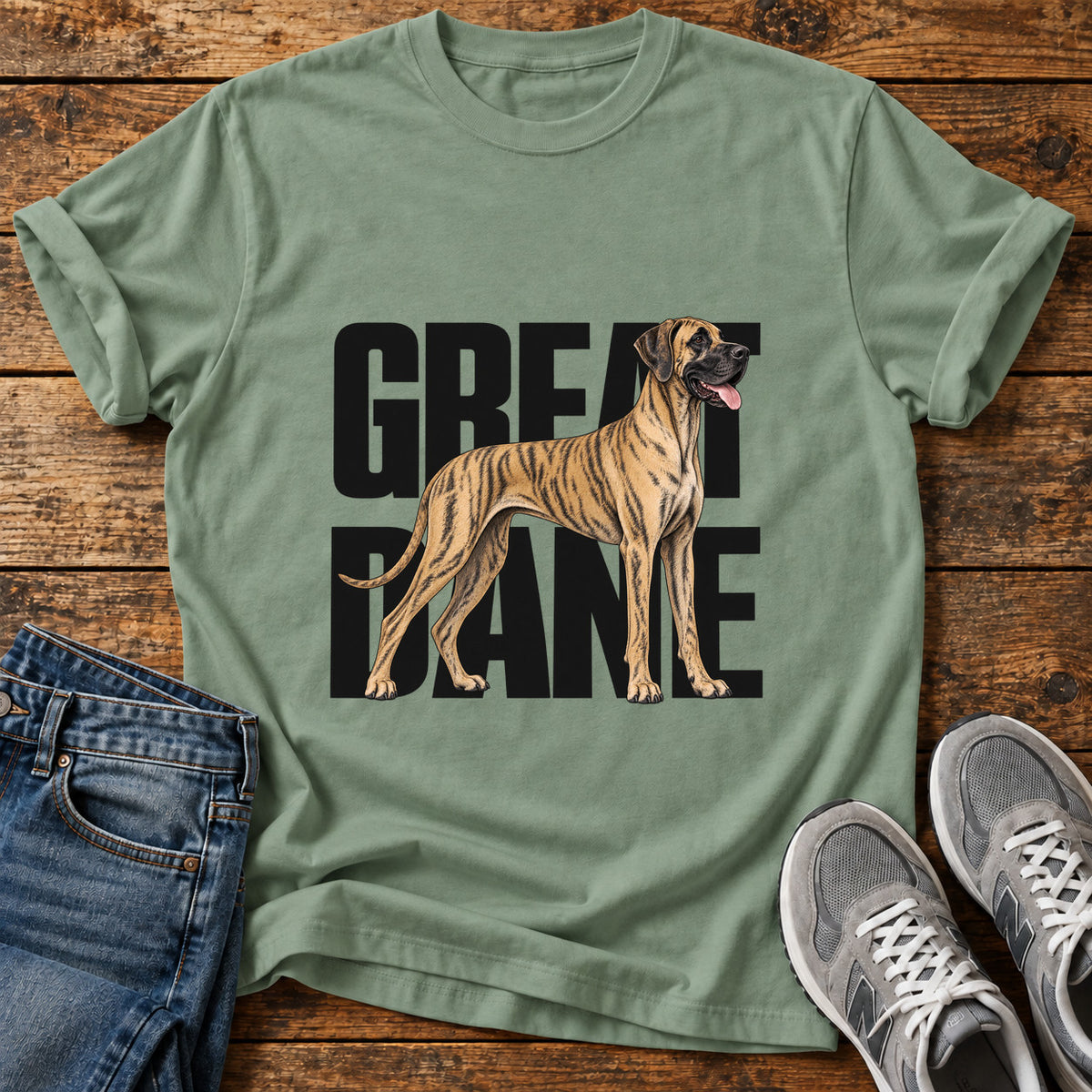 Great Dane graphic T-shirt in Sage, shown on a flat-lay shirt mockup