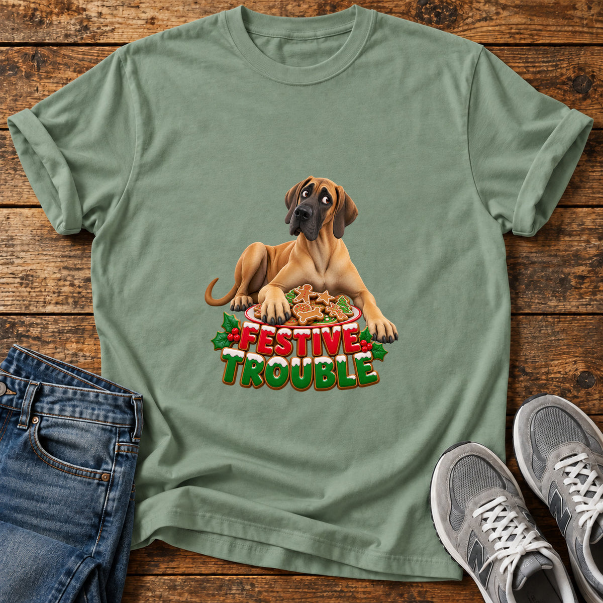 Festive Trouble Great Dane graphic T-shirt in Sage, shown on a flat-lay shirt mockup