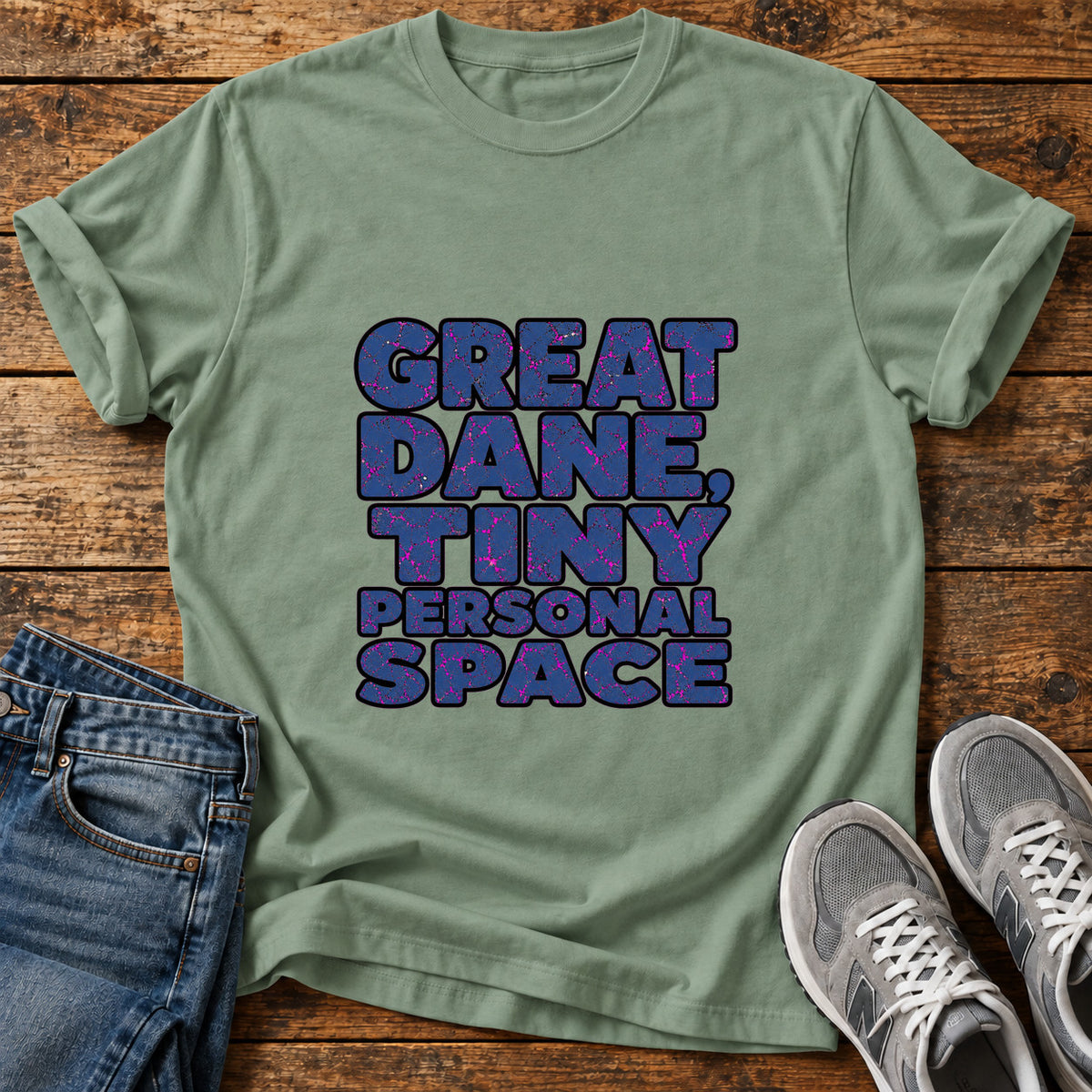 Great Dane Space graphic T-shirt in Sage, shown on a flat-lay shirt mockup