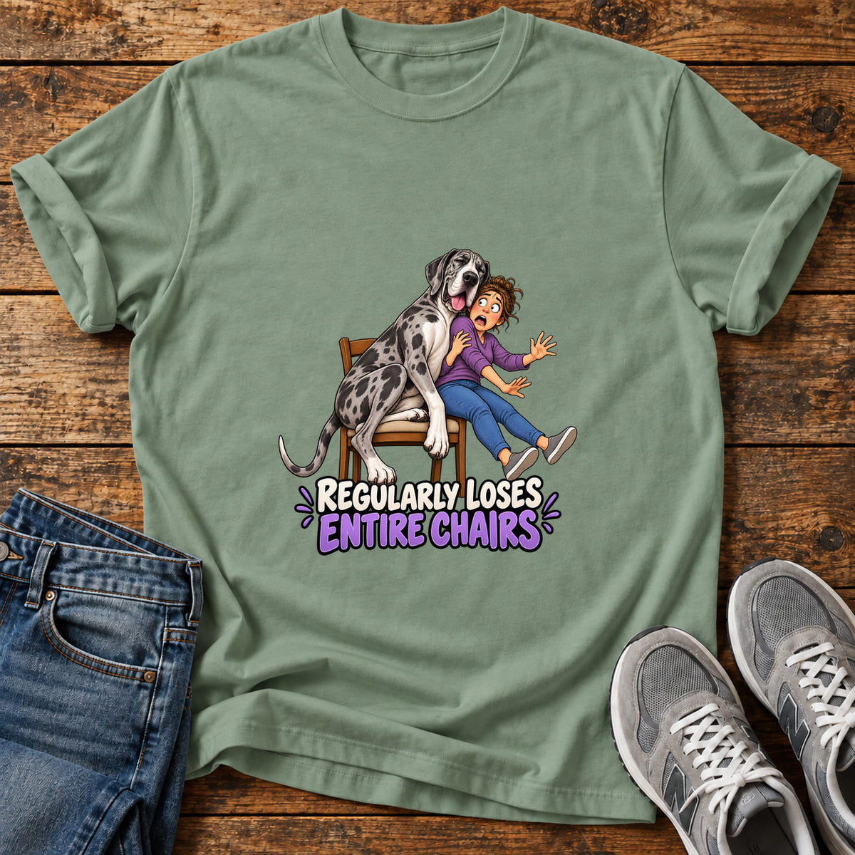 Loses Entire Chairs Great Dane graphic T-shirt in Sage, shown on a flat-lay shirt mockup