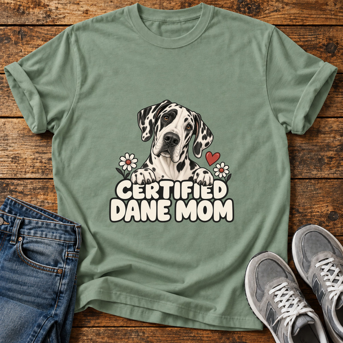 Certified Dane Mom Great Dane graphic T-shirt in Sage, shown on a flat-lay shirt mockup