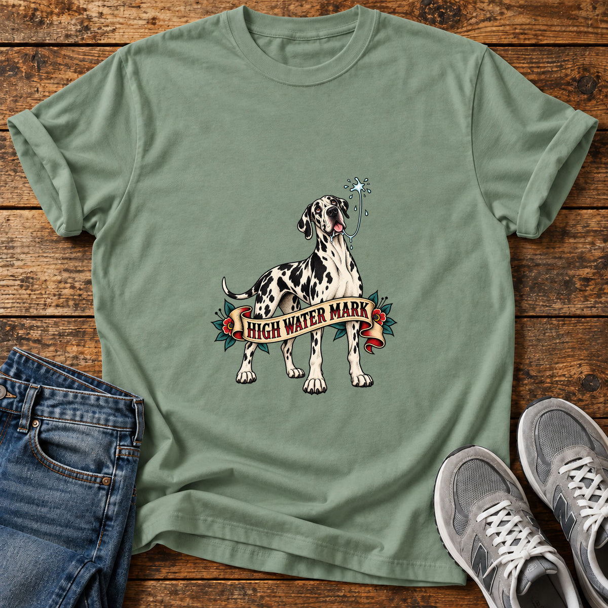 High Water Mark Great Dane graphic T-shirt in Sage, shown on a flat-lay shirt mockup