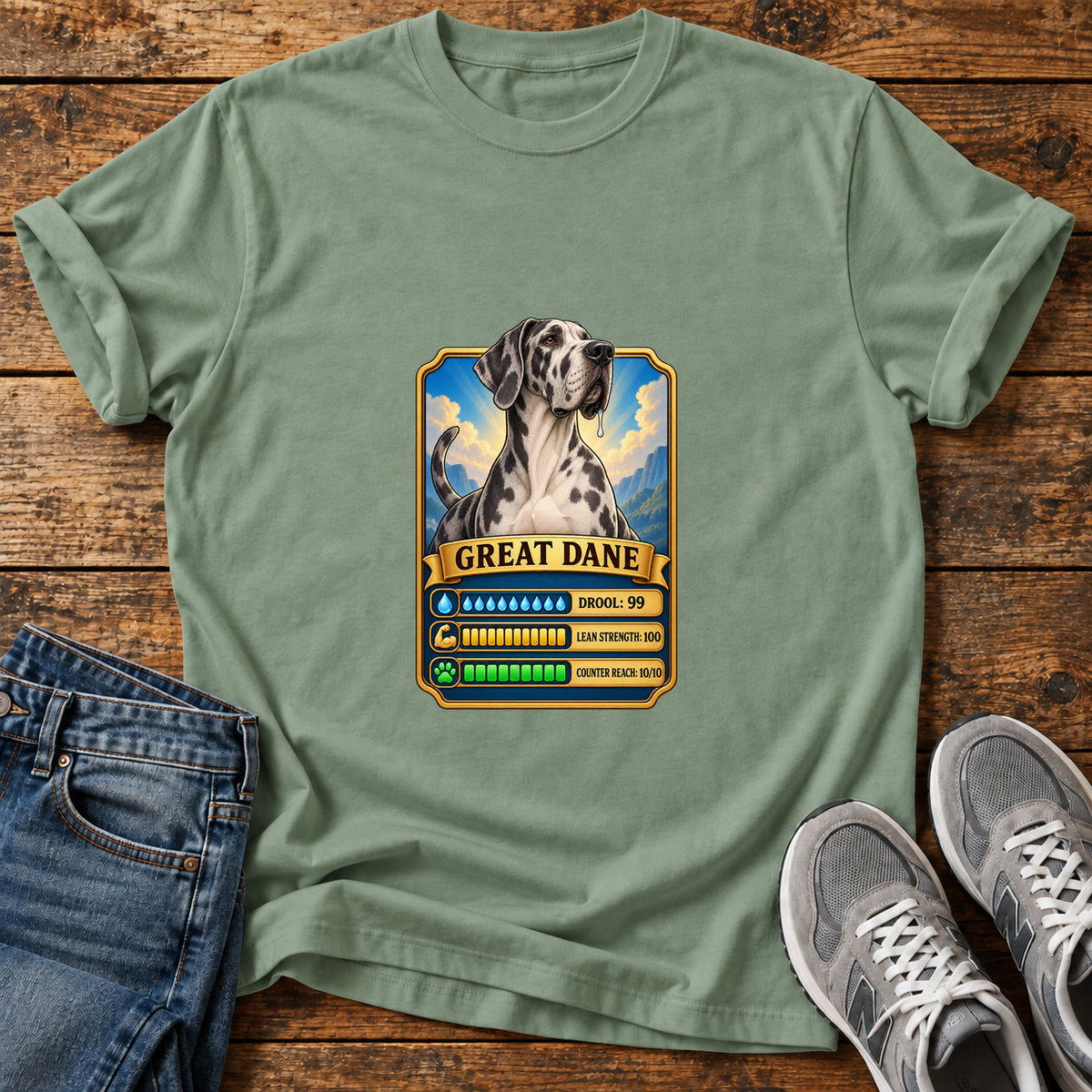 Great Dane Stats graphic T-shirt in Sage, shown on a flat-lay shirt mockup
