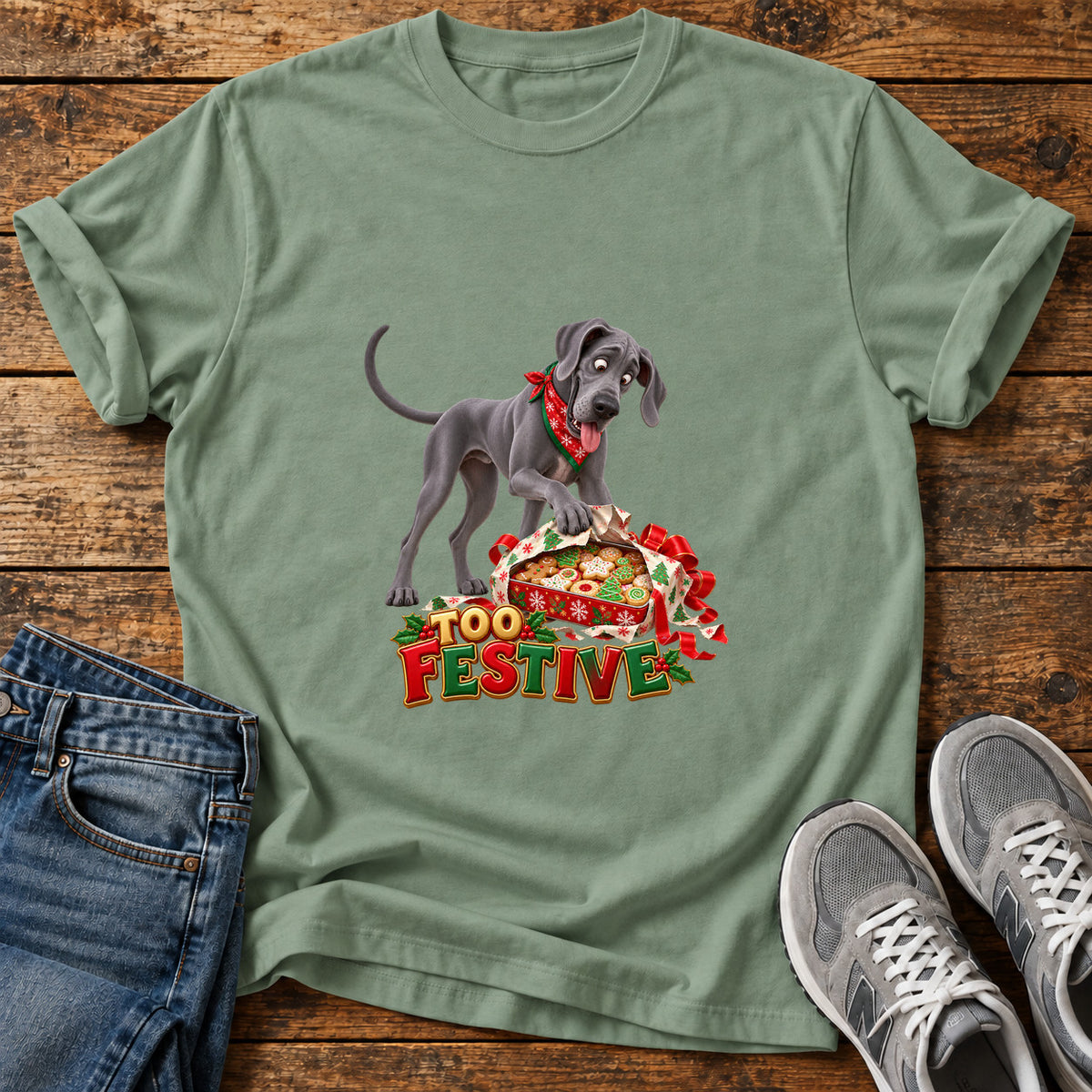 Too Festive Great Dane graphic T-shirt in Sage, shown on a flat-lay shirt mockup
