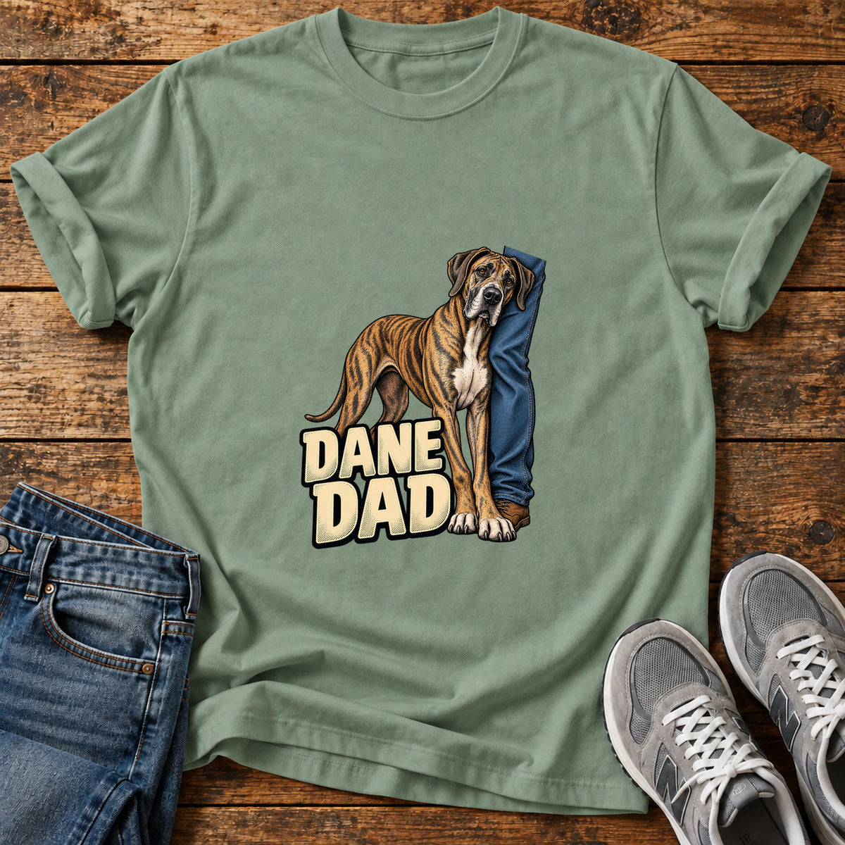 Dane Dad Great Dane graphic T-shirt in Sage, shown on a flat-lay shirt mockup