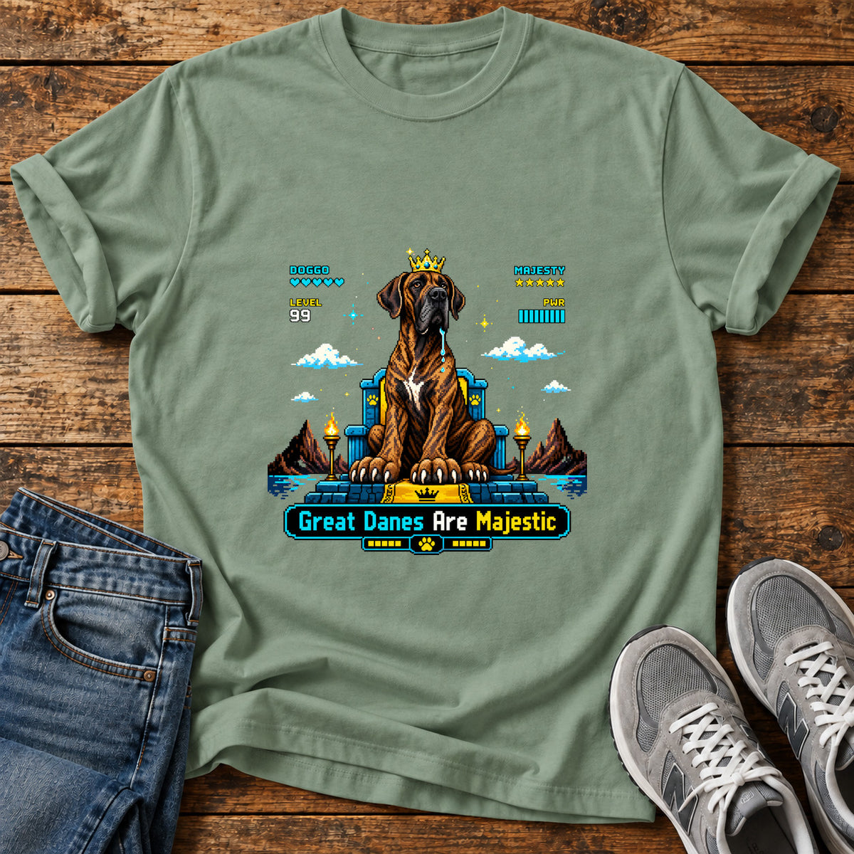 Great Danes Majestic graphic T-shirt in Sage, shown on a flat-lay shirt mockup