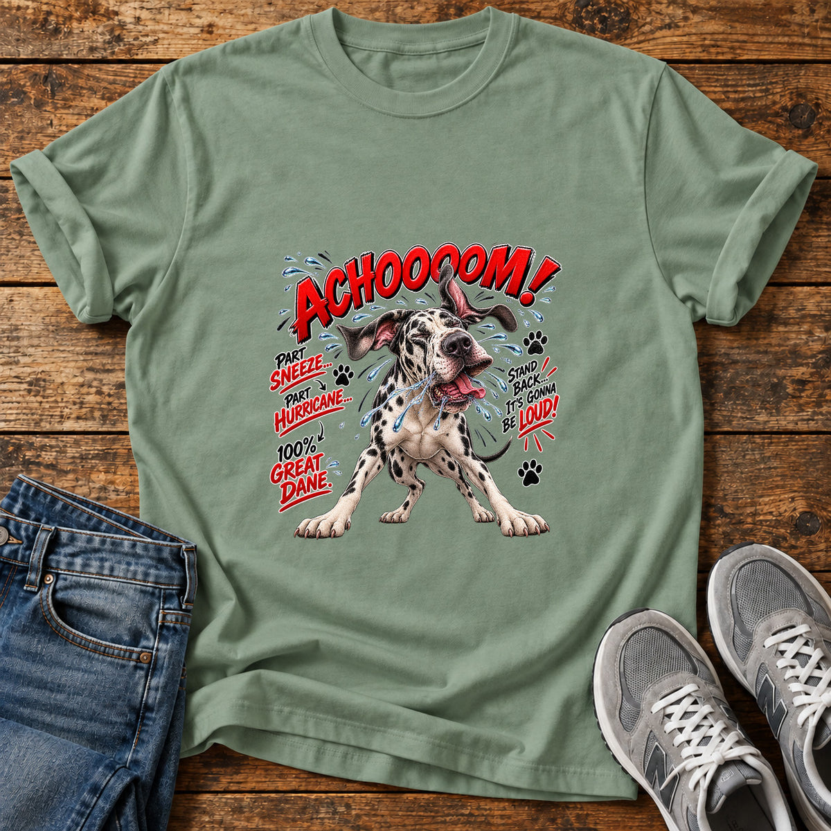 Achoooom Hurricane Great Dane graphic T-shirt in Sage, shown on a flat-lay shirt mockup