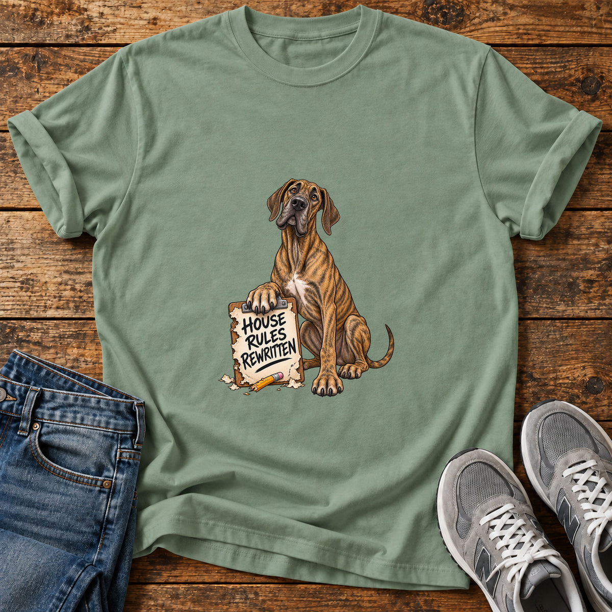 House Rules Rewritten Great Dane graphic T-shirt in Sage, shown on a flat-lay shirt mockup