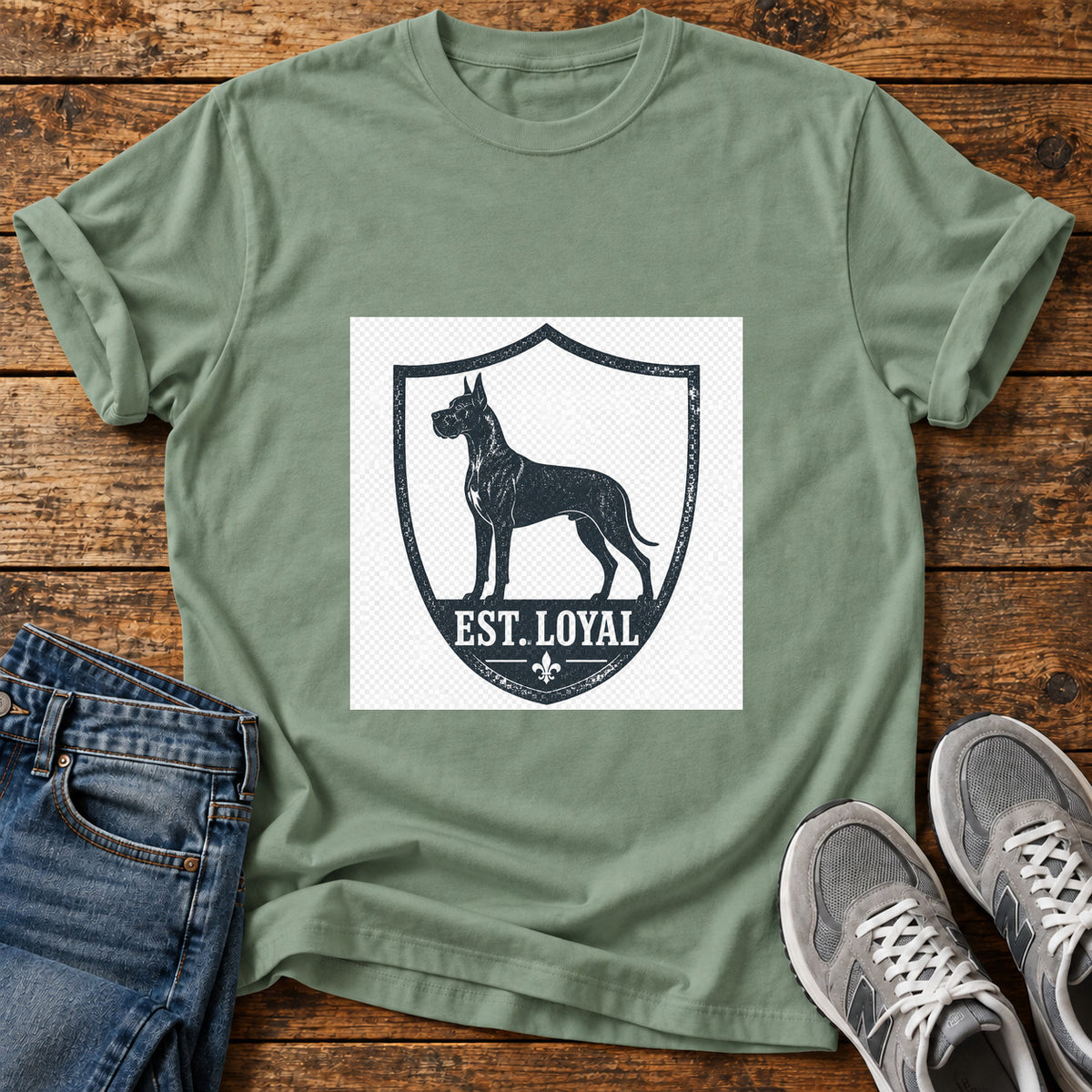 Est Loyal Great Dane graphic T-shirt in Sage, shown on a flat-lay shirt mockup