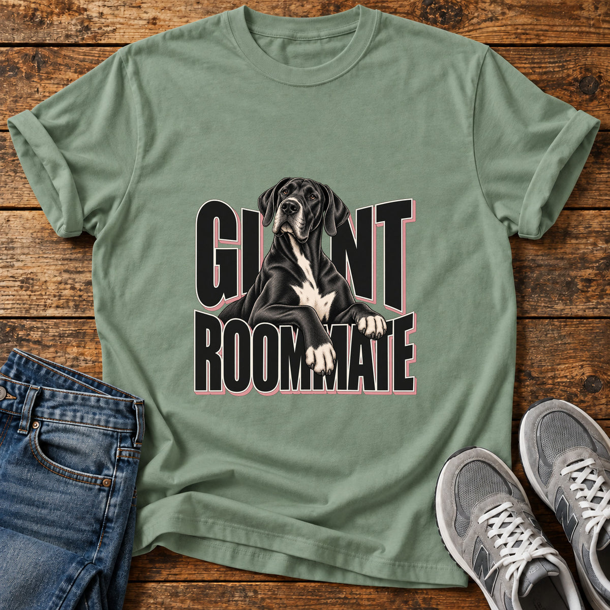Giant Roommate Great Dane graphic T-shirt in Sage, shown on a flat-lay shirt mockup