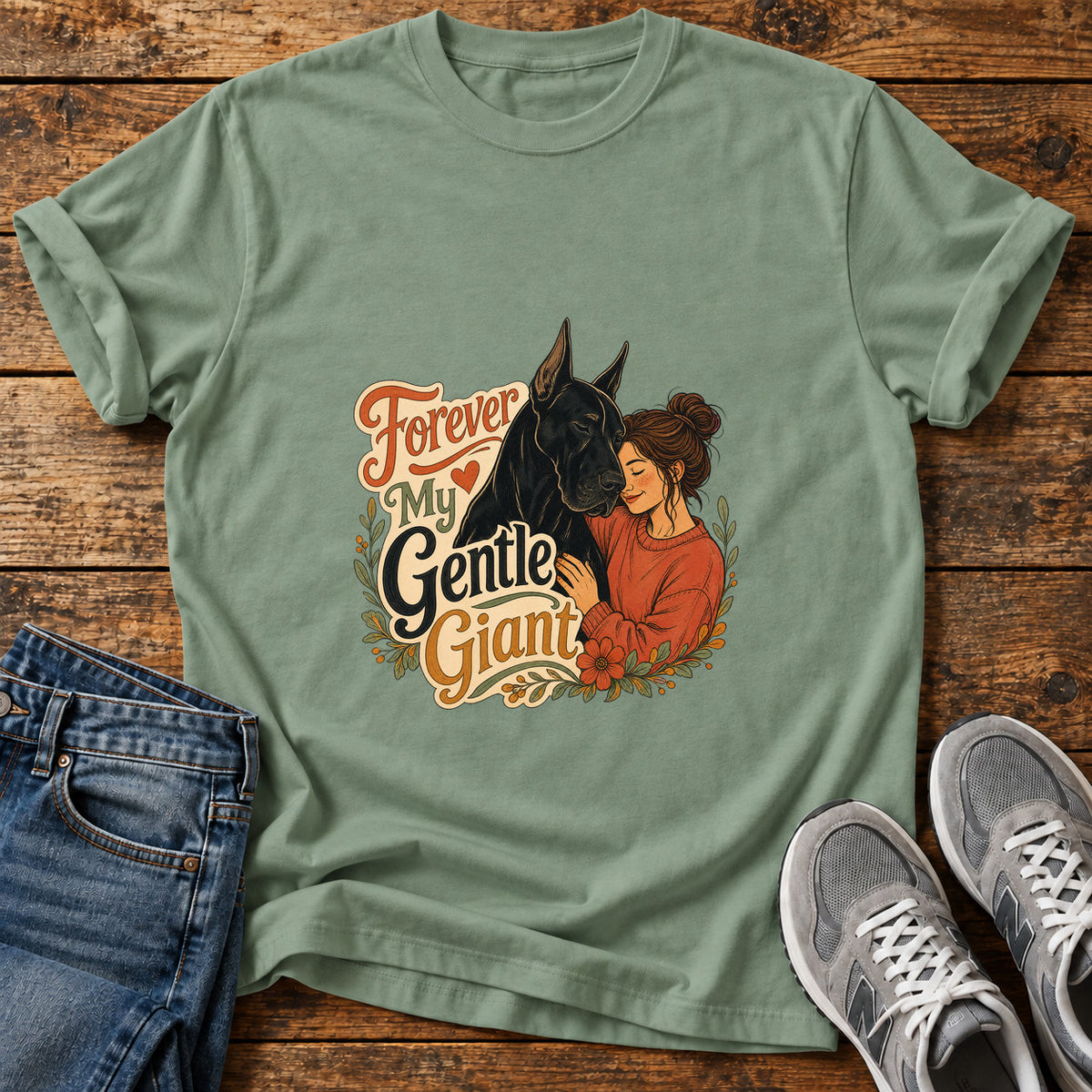 Forever My Giant Great Dane graphic T-shirt in Sage, shown on a flat-lay shirt mockup