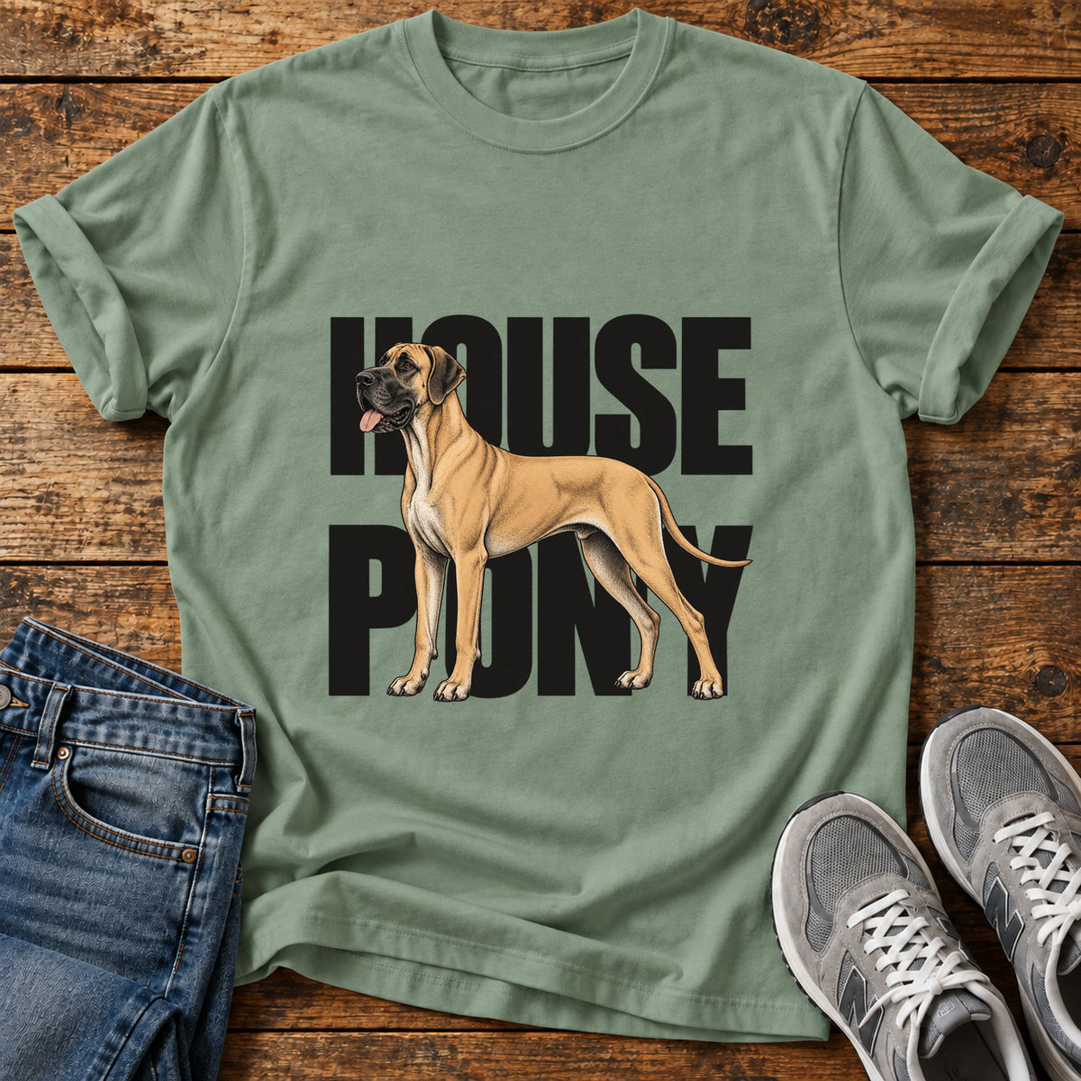 House Pony Great Dane graphic T-shirt in Sage, shown on a flat-lay shirt mockup