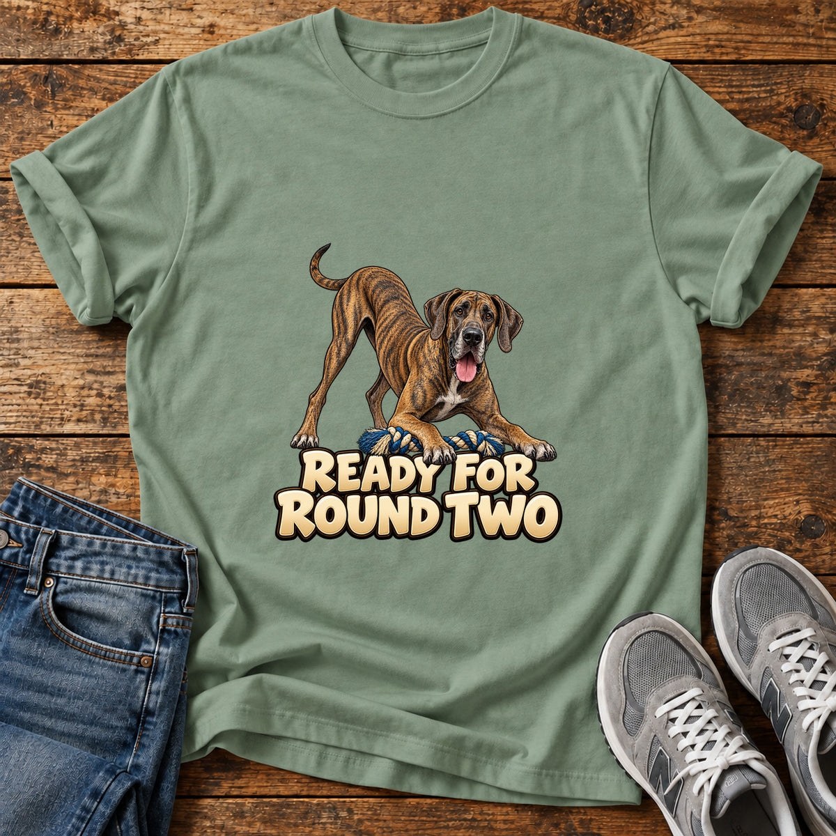 Ready For Round Great Dane graphic T-shirt in Sage, shown on a flat-lay shirt mockup