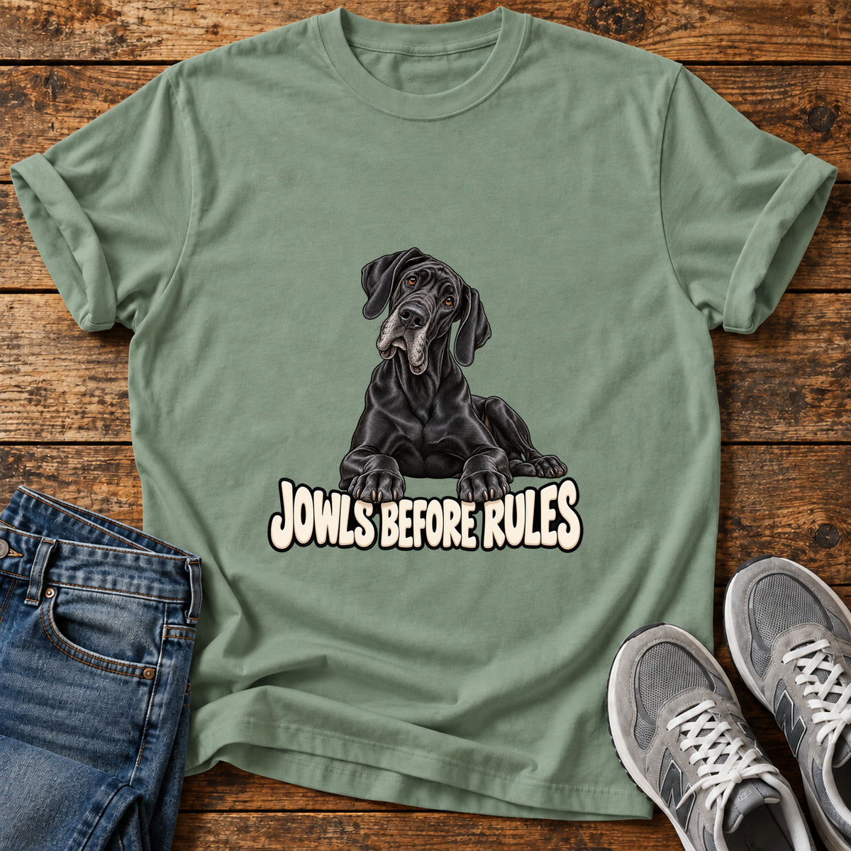 Jowls Before Rules Great Dane graphic T-shirt in Sage, shown on a flat-lay shirt mockup