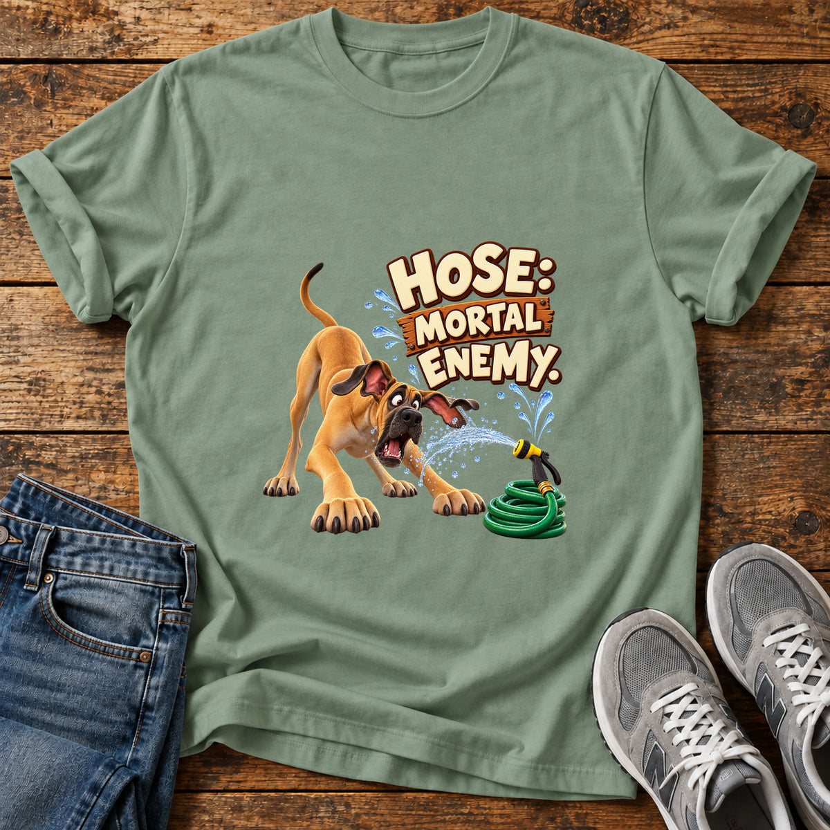 Hose Mortal Enemy Great Dane graphic T-shirt in Sage, shown on a flat-lay shirt mockup