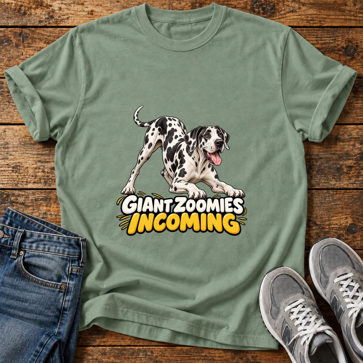 Giant Zoomies Great Dane graphic T-shirt in Sage, shown on a flat-lay shirt mockup
