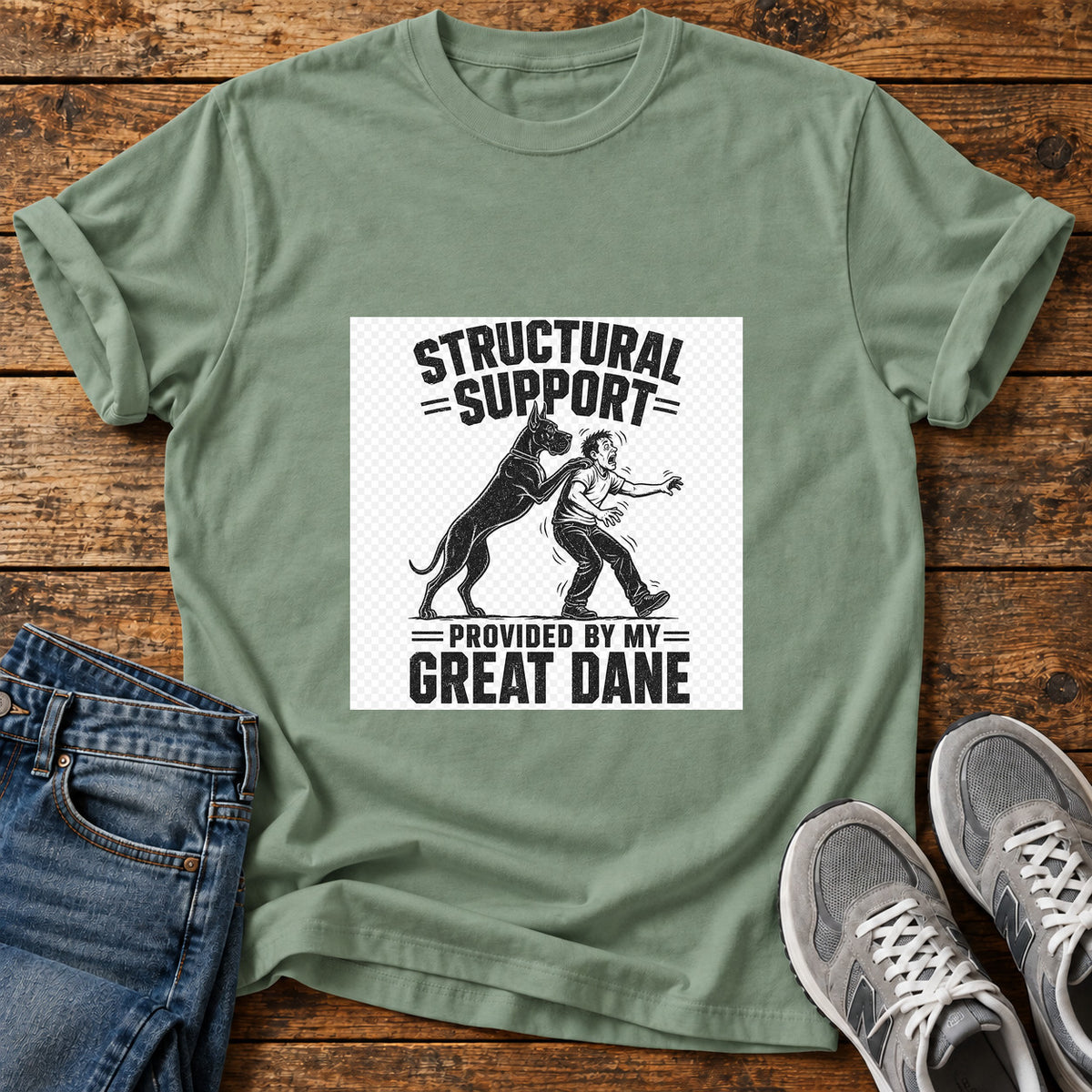 Structural Support Great Dane graphic T-shirt in Sage, shown on a flat-lay shirt mockup