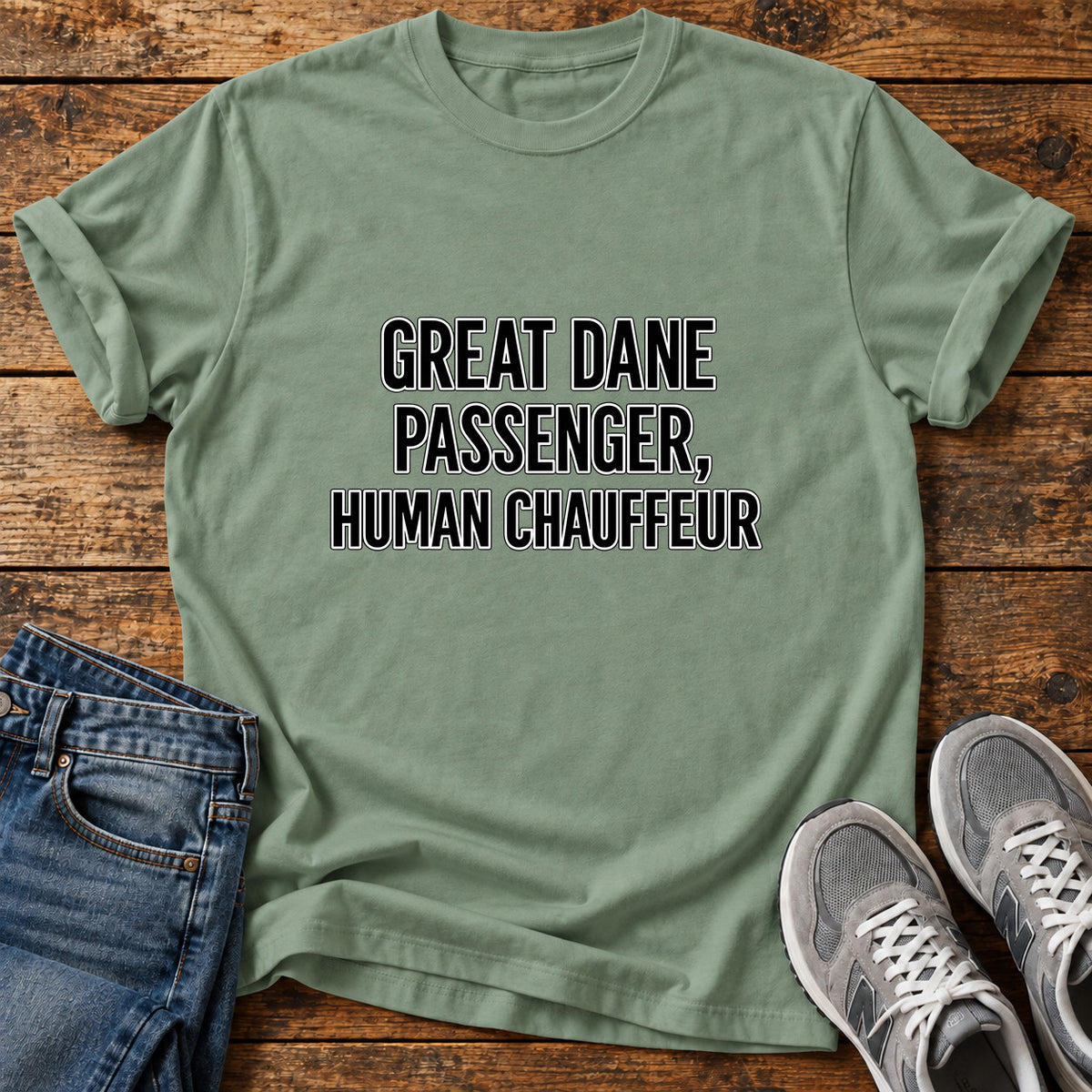 Great Dane Chauffeur graphic T-shirt in Sage, shown on a flat-lay shirt mockup