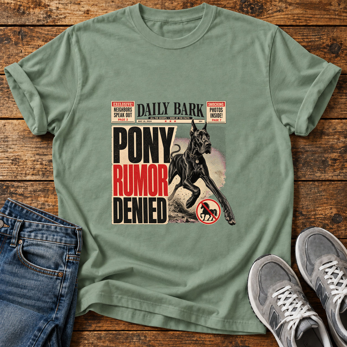 Pony Rumor Great Dane graphic T-shirt in Sage, shown on a flat-lay shirt mockup