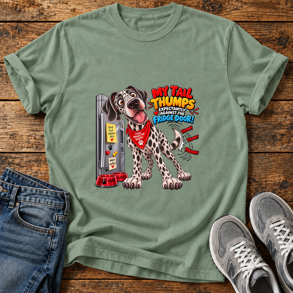 My Tail Thumps Great Dane graphic T-shirt in Sage, shown on a flat-lay shirt mockup