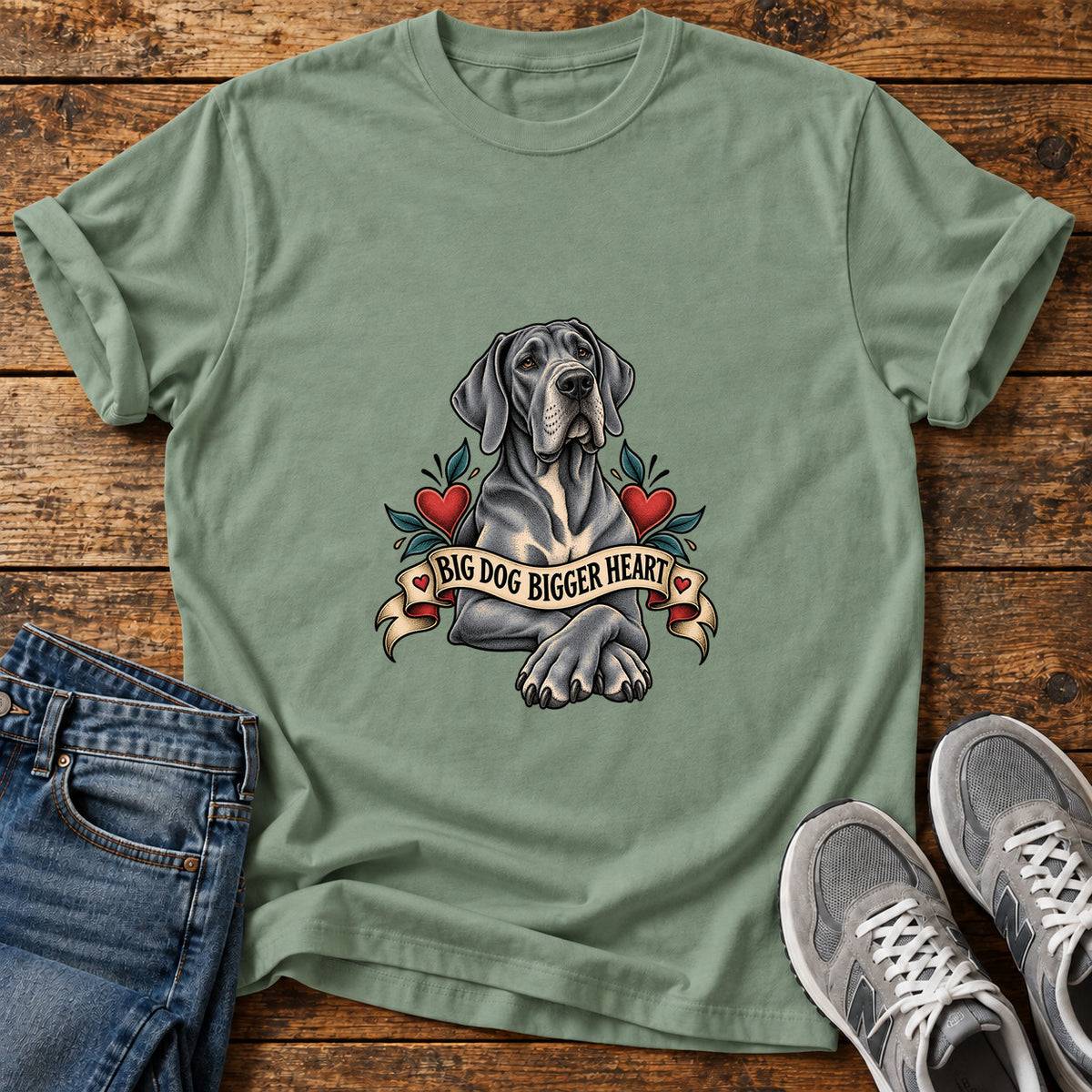 Big Dog Heart Great Dane graphic T-shirt in Sage, shown on a flat-lay shirt mockup