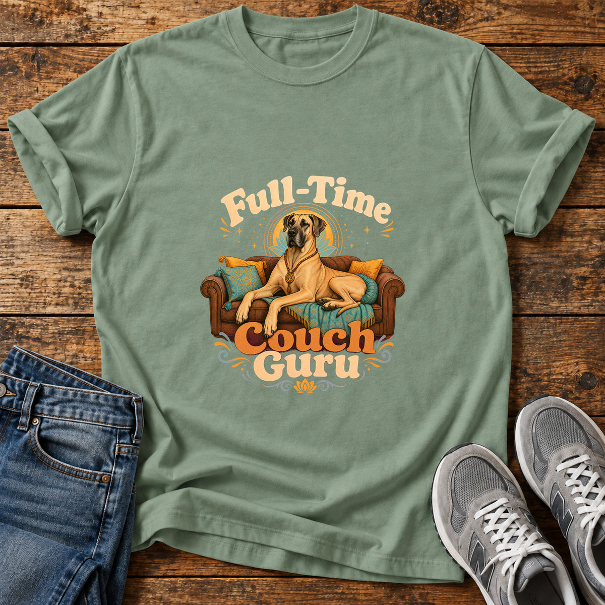 Couch Guru Great Dane graphic T-shirt in Sage, shown on a flat-lay shirt mockup