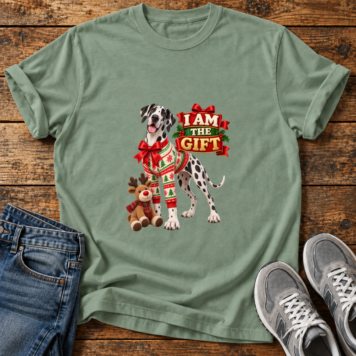 I Am Gift Great Dane graphic T-shirt in Sage, shown on a flat-lay shirt mockup