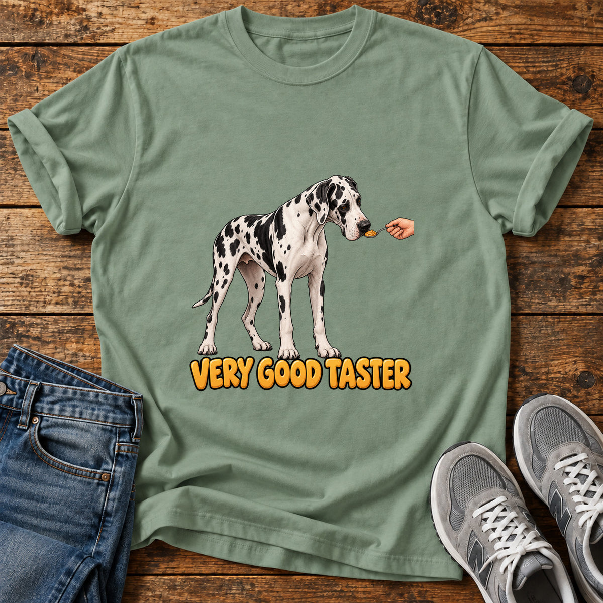 Very Good Taster Great Dane graphic T-shirt in Sage, shown on a flat-lay shirt mockup