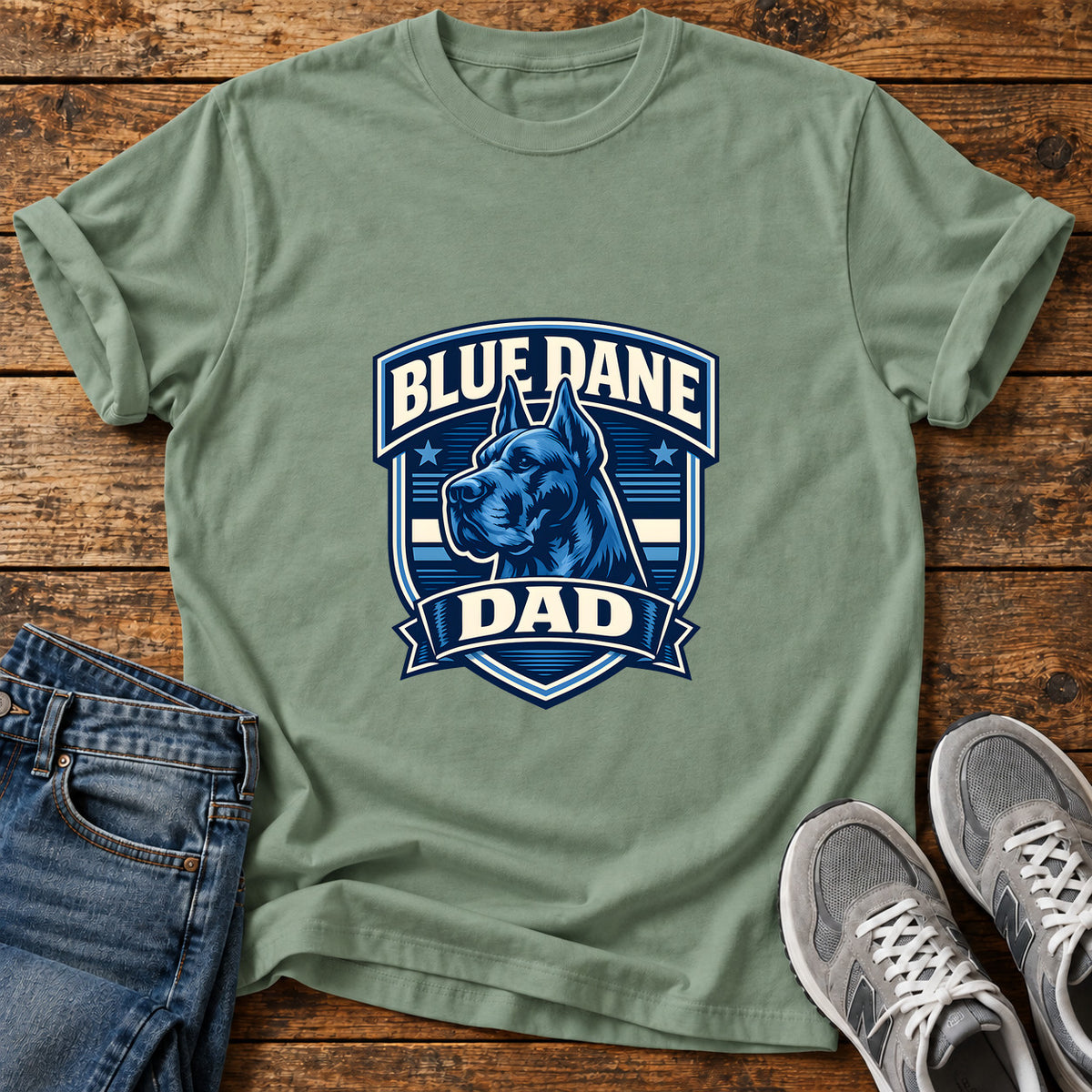 Blue Dane Dad Great Dane graphic T-shirt in Sage, shown on a flat-lay shirt mockup