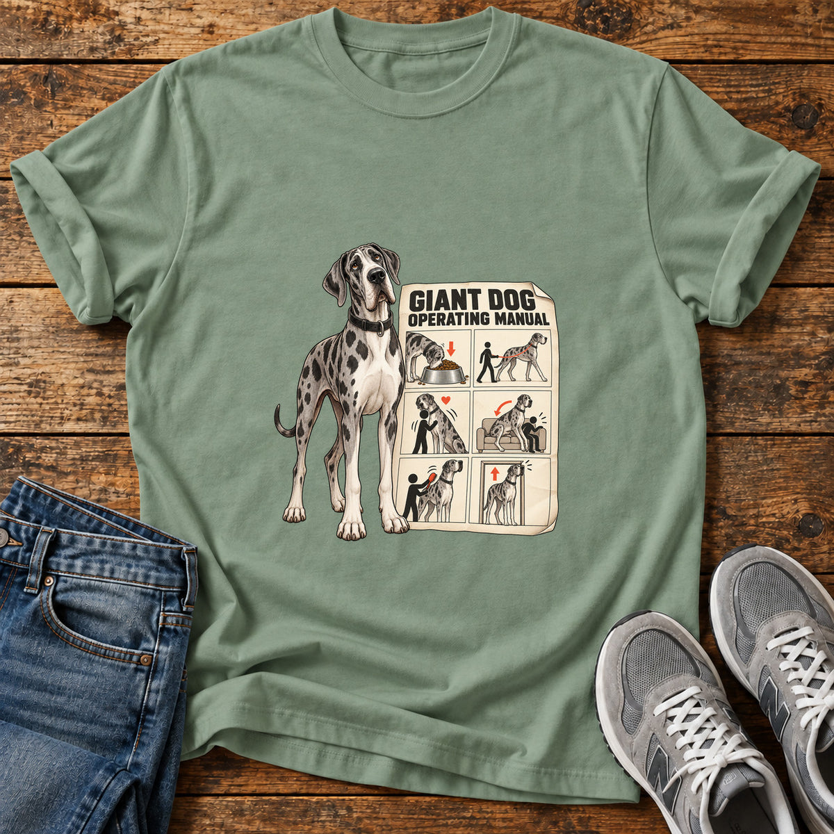 Giant Dog Guide Great Dane graphic T-shirt in Sage, shown on a flat-lay shirt mockup